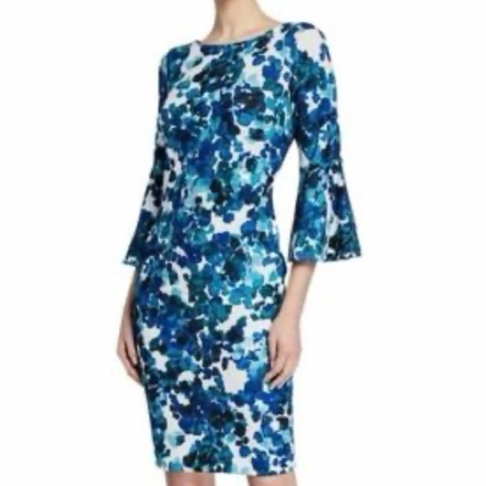 Calvin Klein Blue and White Floral Long Sleeve Dress